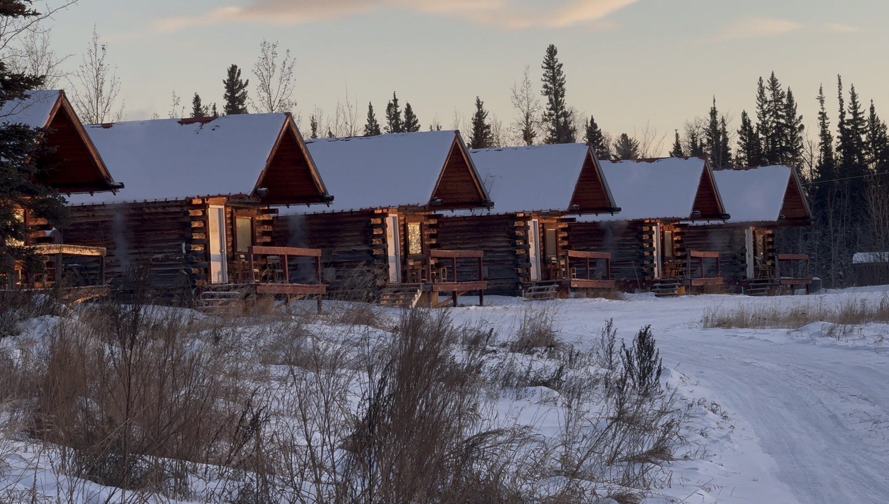 Alaska Homestead Roadhouse cabins at daybreak
