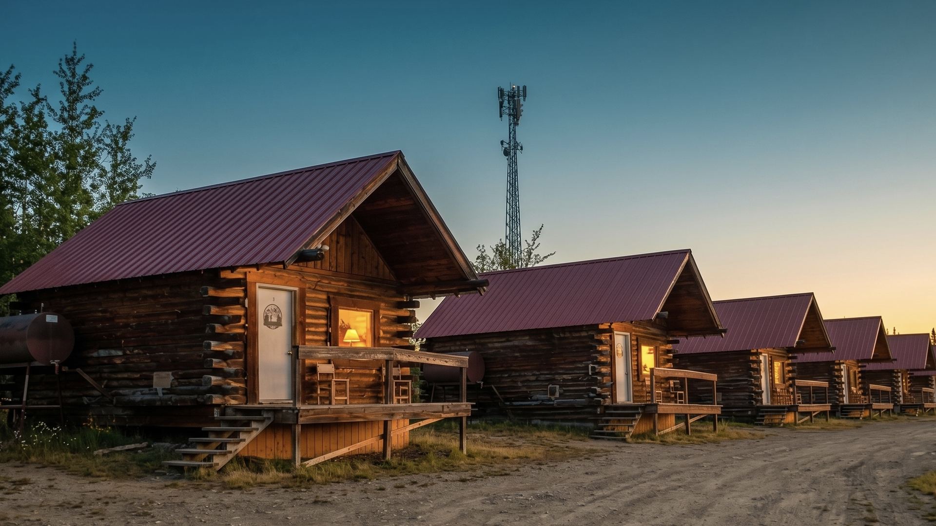 Alaska Homestead Roadhouse log cabins glowing at twilight on a summer evening